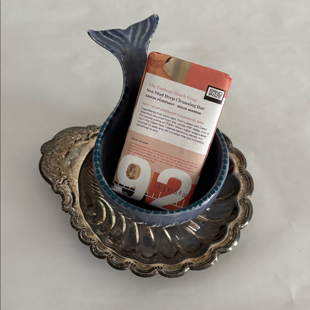 Anthro Ceramic whale or mermaid Tail Shaped trinket jewelry soap Bowl Cup Blue - Picture 8 of 8